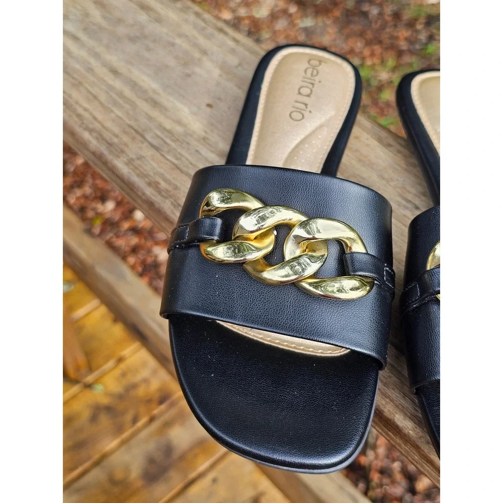 Beira Rio Womens Black Gold Chain Slide Flat Slip On Sandals Size 10 Brazil